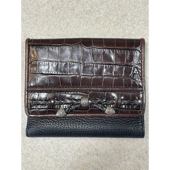 Brighton Leather Trifold Wallet Black/Brown Leather Croc Pattern-Bow Accents - Picture 9 of 13